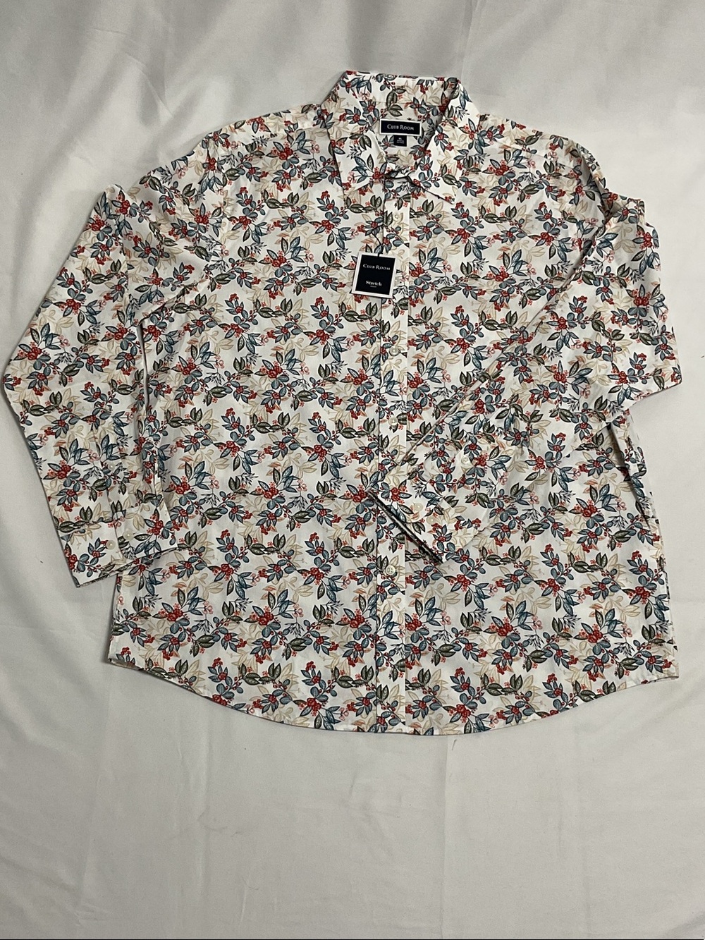 Club Room White Floral Button-Down Shirt with Red and Blue Accents